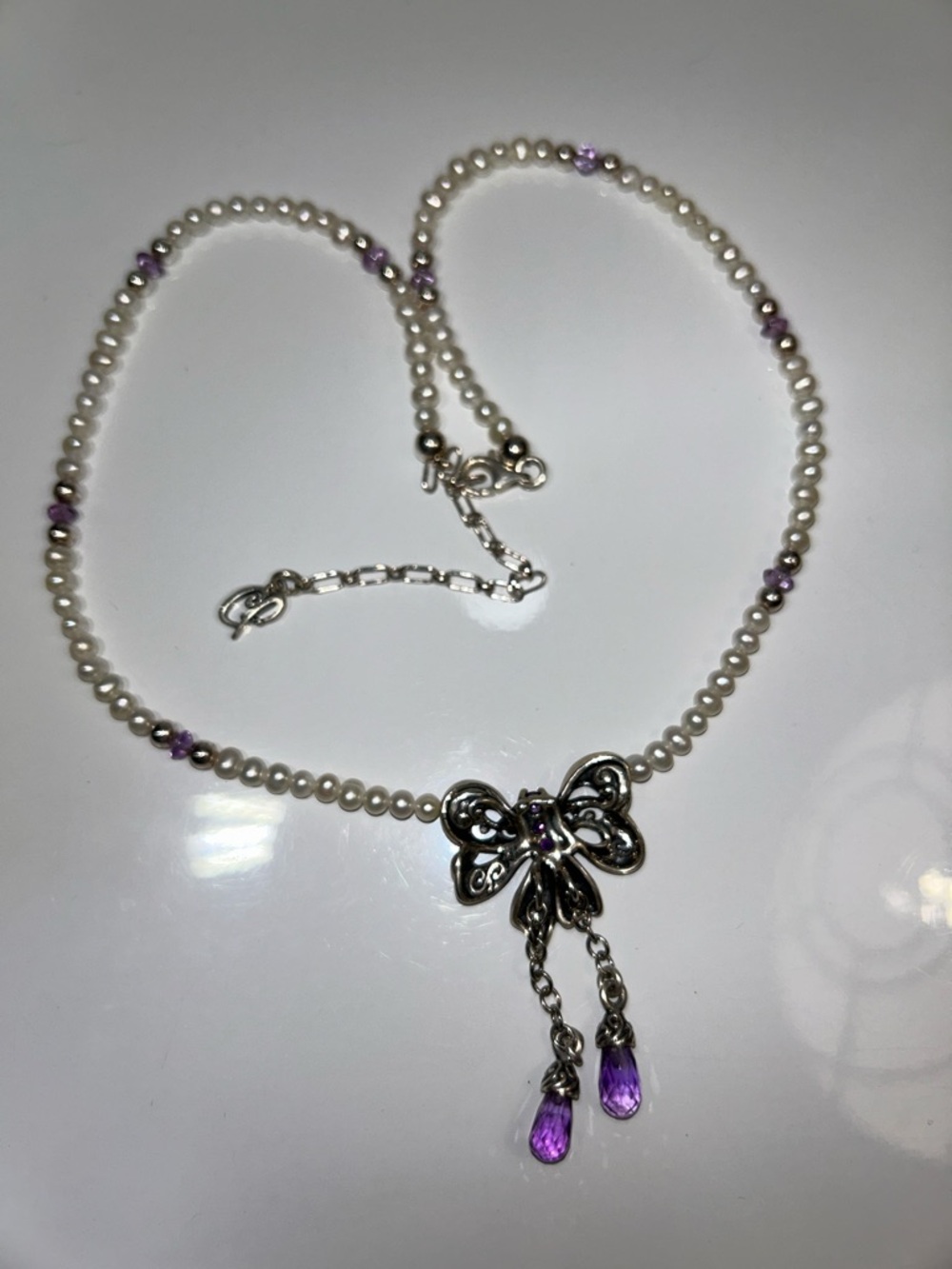 NWOT Carolyn Pollack Sterling Silver Genuine Amethyst & Pearl Designer Necklace - Picture 5 of 9
